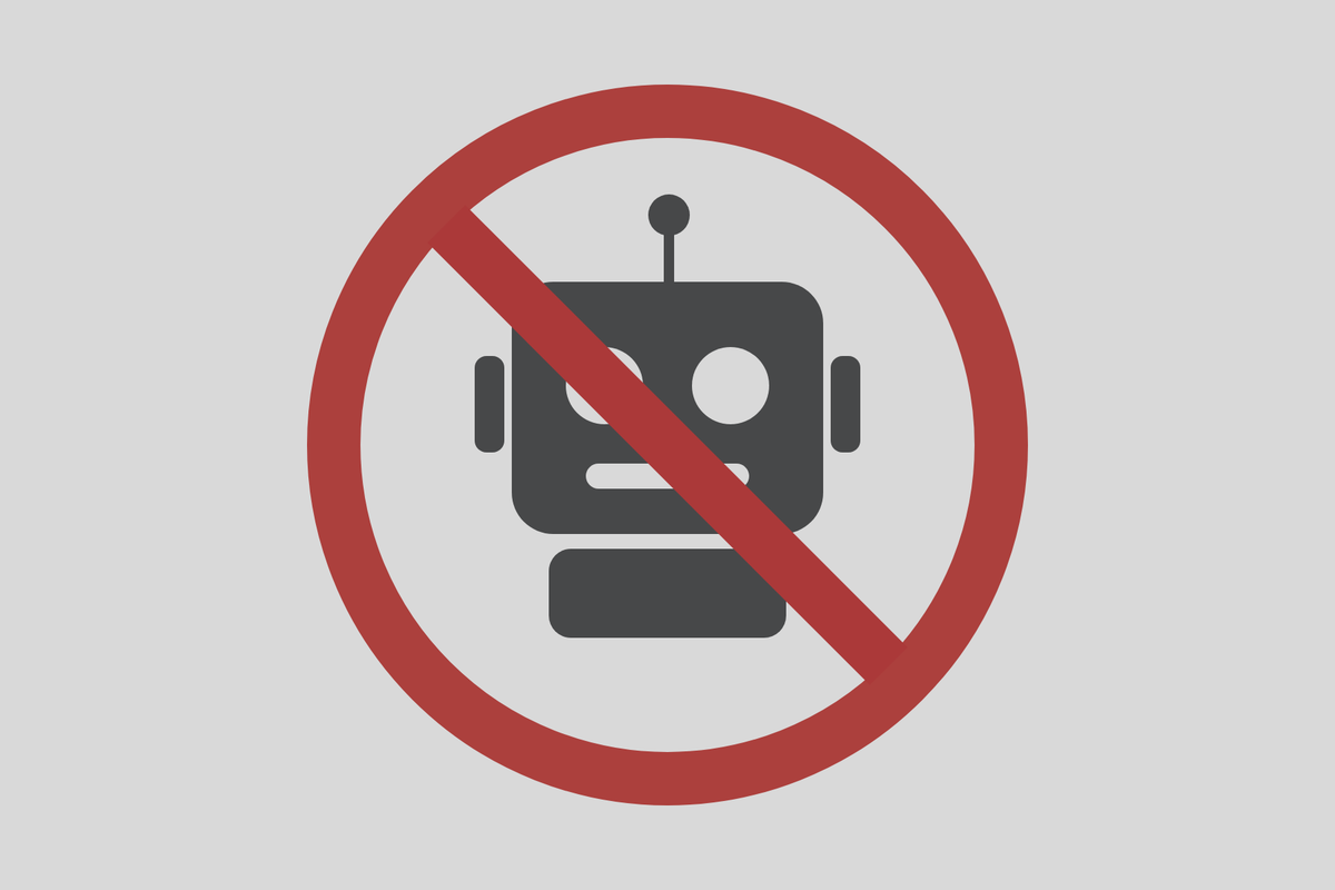 A flat grey sign with a red ring and slash crossing out a robot, the companion to our crossed-out AI sign