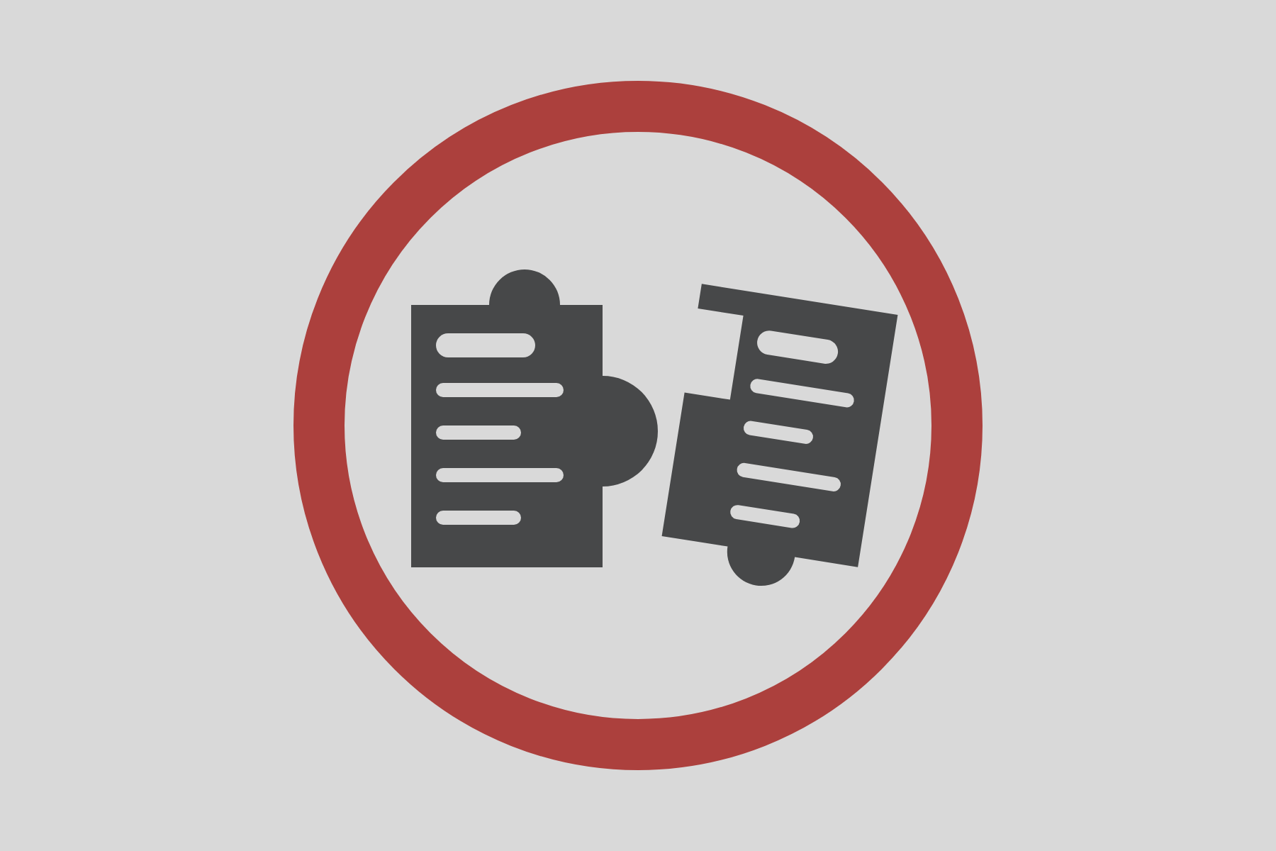 A flat grey sign with a red ring around two recipe-card puzzle pieces whose shapes do not fit together