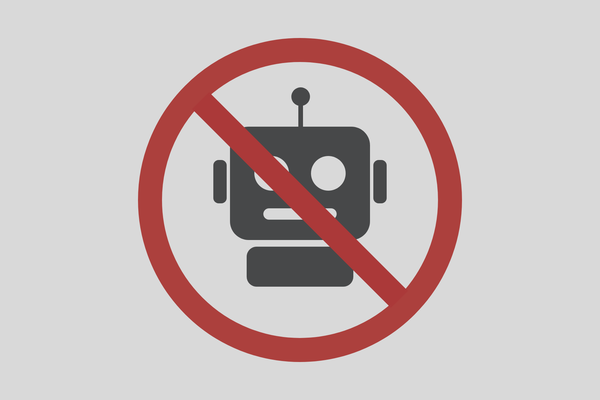 A flat grey sign with a red ring and slash crossing out a robot, the companion to our crossed-out AI sign