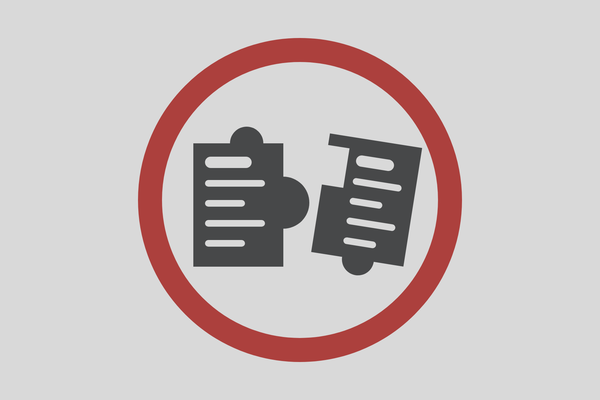 A flat grey sign with a red ring around two recipe-card puzzle pieces whose shapes do not fit together